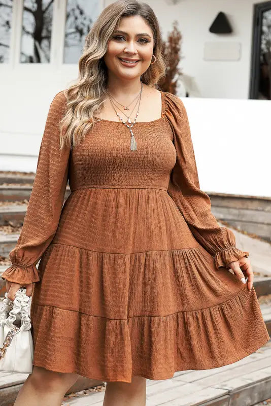 Chestnut plus size smocked ruffled sleeve tiered mini dress