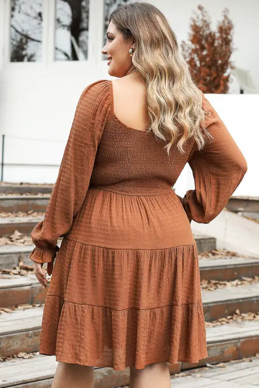 Chestnut plus size smocked ruffled sleeve tiered mini dress