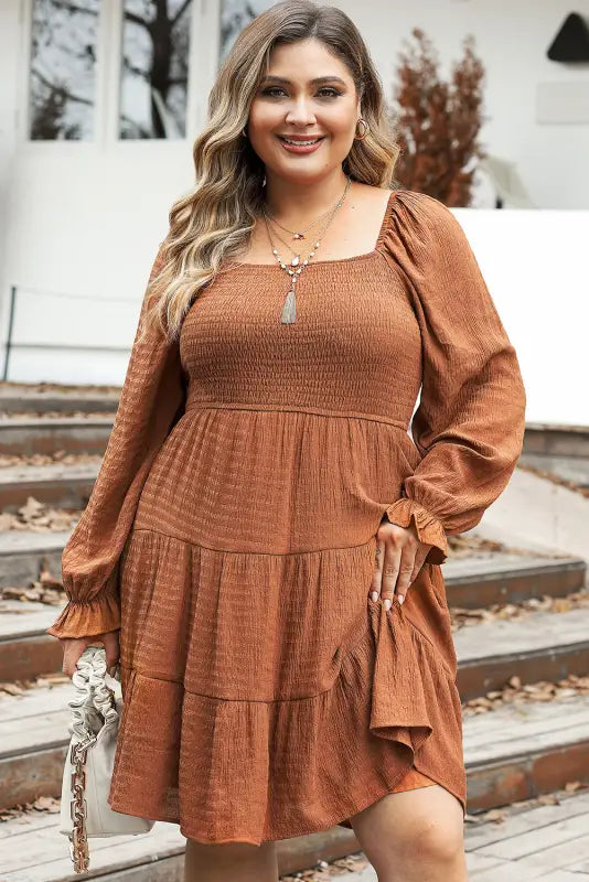 Chestnut plus size smocked ruffled sleeve tiered mini dress - 1x / 50% polyester + 50% viscose