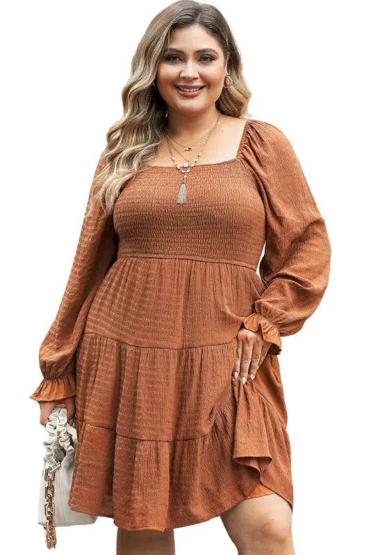 Chestnut plus size smocked ruffled sleeve tiered mini dress