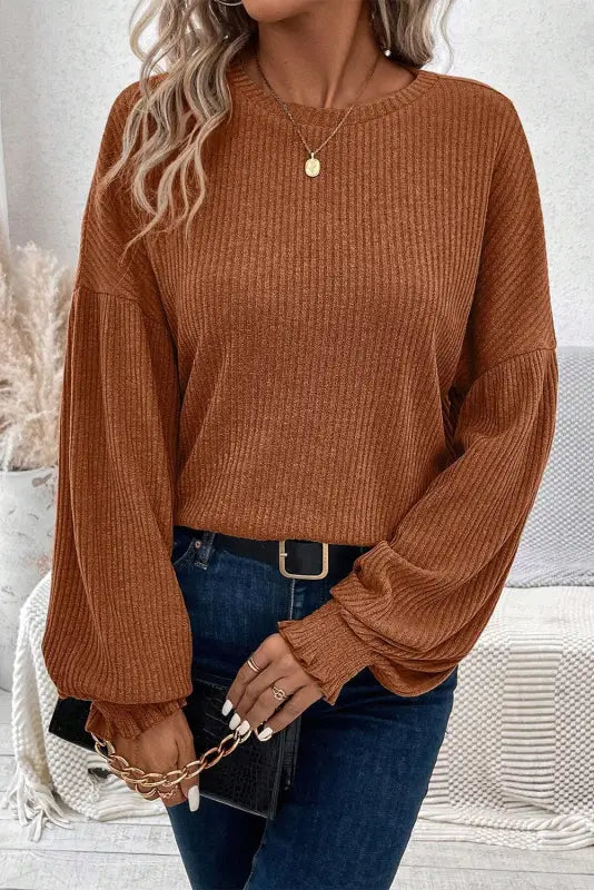 Chestnut ribbed knit drop shoulder ruffled sleeve textured top - long tops