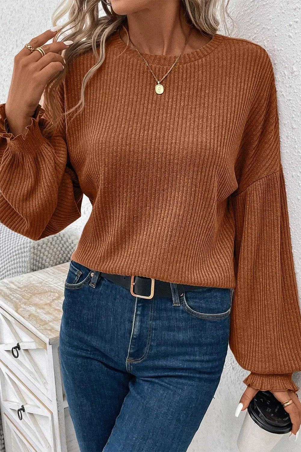Chestnut ribbed knit drop shoulder ruffled sleeve textured top - long tops