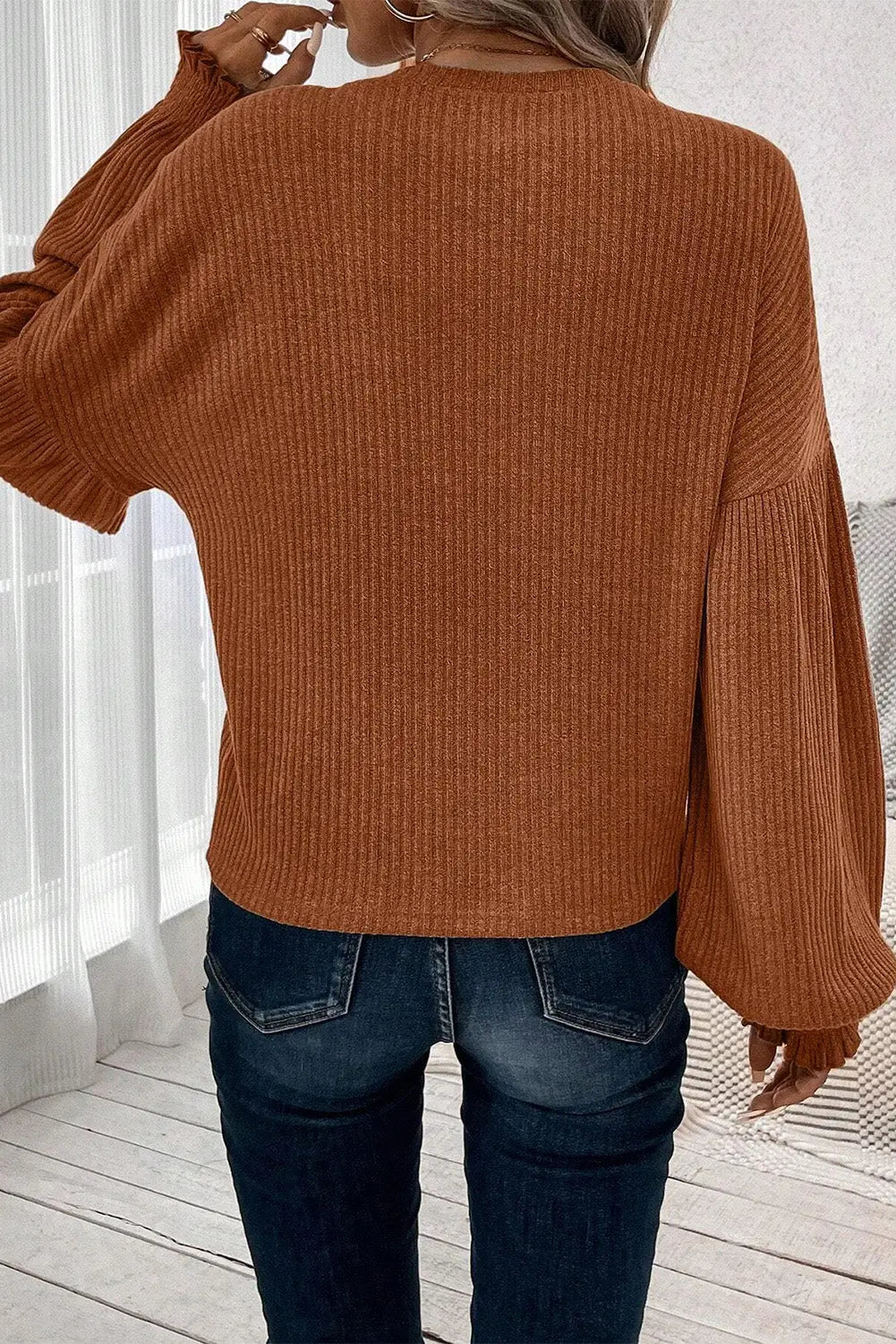 Chestnut ribbed knit drop shoulder ruffled sleeve textured top - long tops