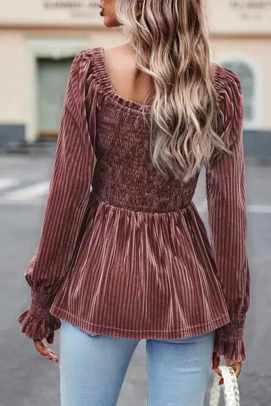 Chestnut Smocked Ribbed Velvet Babydoll Top - Fashionfitz