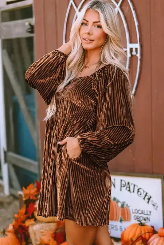 Chestnut Smocked Ribbed Velvet Babydoll Top - Fashionfitz
