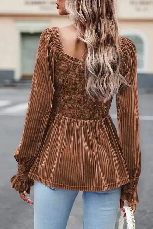 Chestnut Smocked Ribbed Velvet Babydoll Top - Fashionfitz