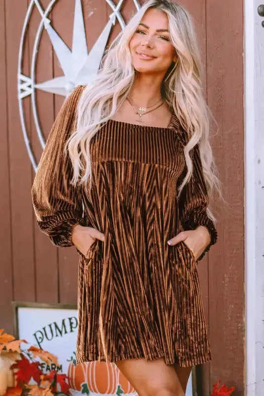 Chestnut Smocked Ribbed Velvet Babydoll Top - Fashionfitz