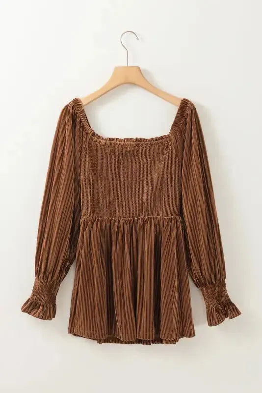 Chestnut Smocked Ribbed Velvet Babydoll Top - Fashionfitz