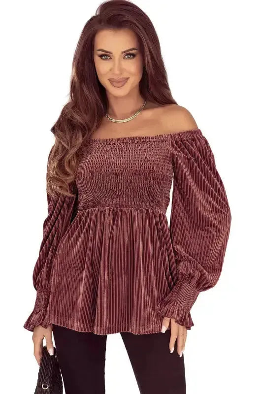 Chestnut Smocked Ribbed Velvet Babydoll Top - Fashionfitz