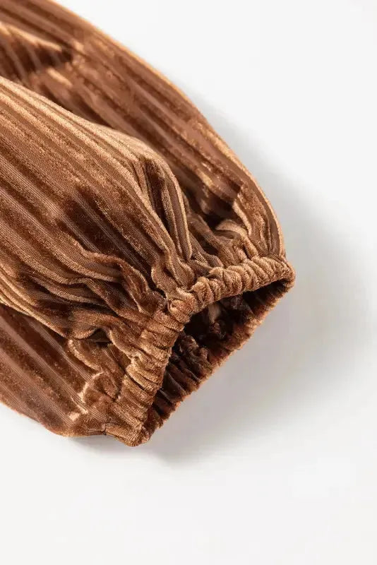 Chestnut Smocked Ribbed Velvet Babydoll Top - Fashionfitz