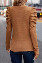 Chestnut Solid Color Textured Buttoned Gigot Sleeve Top - Fashionfitz