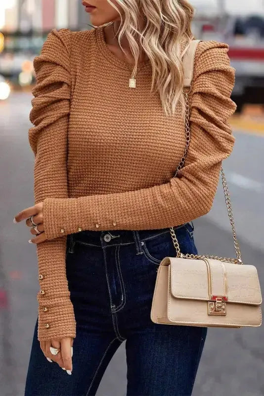 Chestnut Solid Color Textured Buttoned Gigot Sleeve Top - Fashionfitz