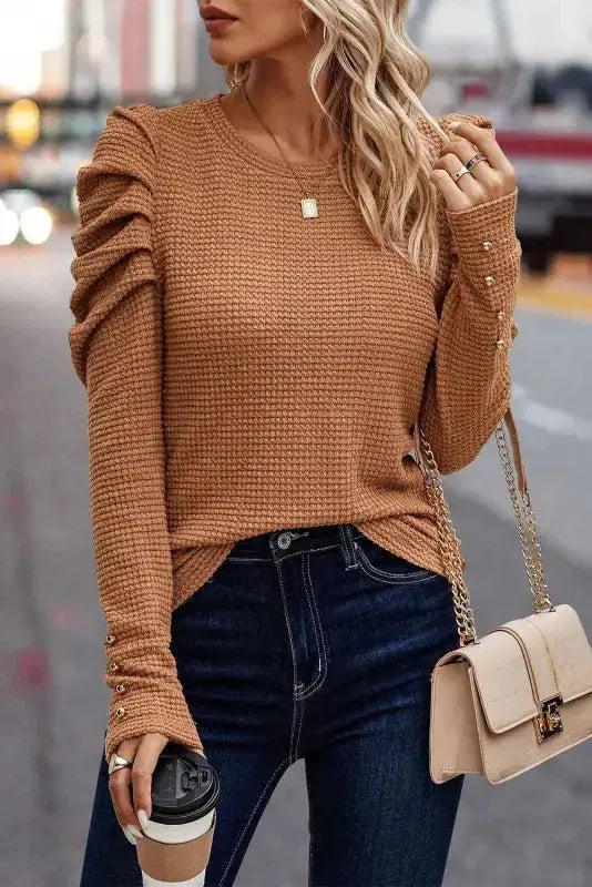 Chestnut Solid Color Textured Buttoned Gigot Sleeve Top - Fashionfitz