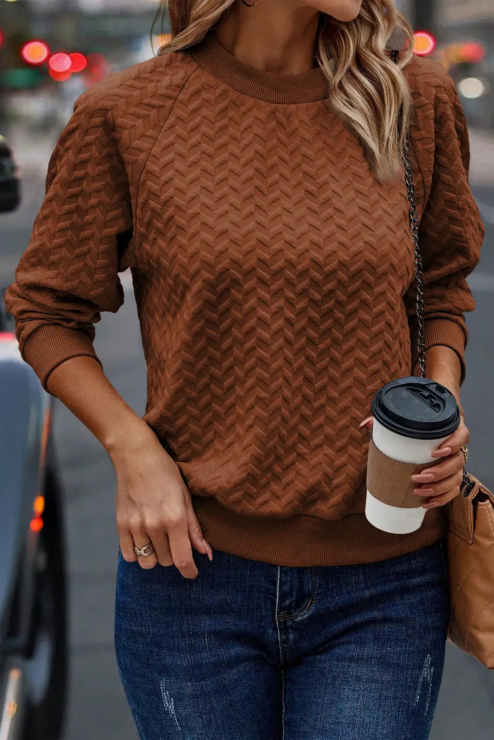 Chestnut solid textured raglan sleeve pullover sweatshirt - sweatshits & hoodies