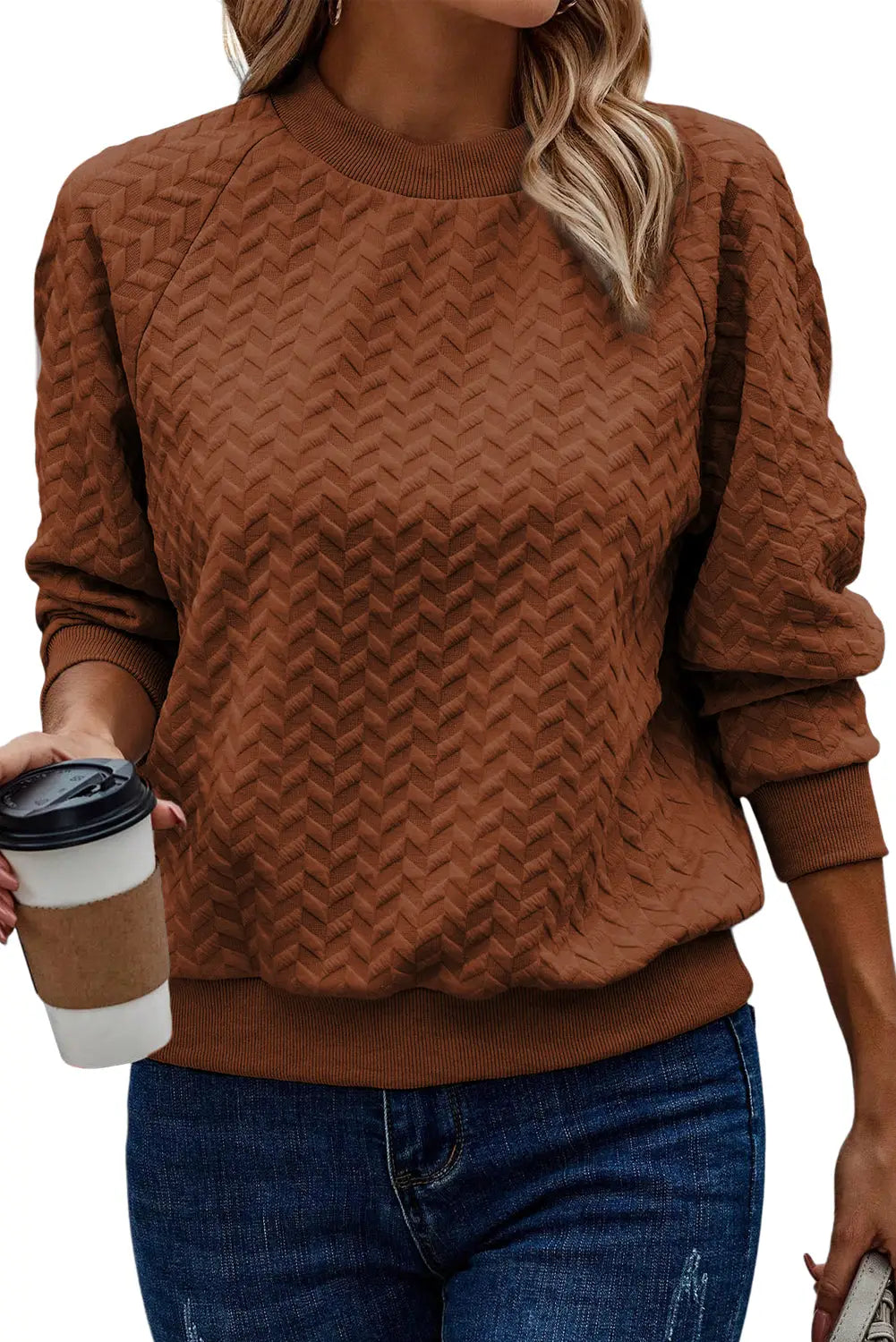 Chestnut solid textured raglan sleeve pullover sweatshirt - sweatshits & hoodies