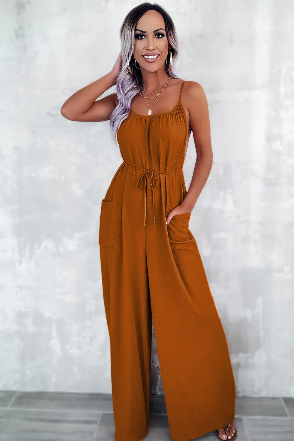 Chestnut spaghetti straps waist tie wide leg jumpsuit with pockets - jumpsuits & rompers