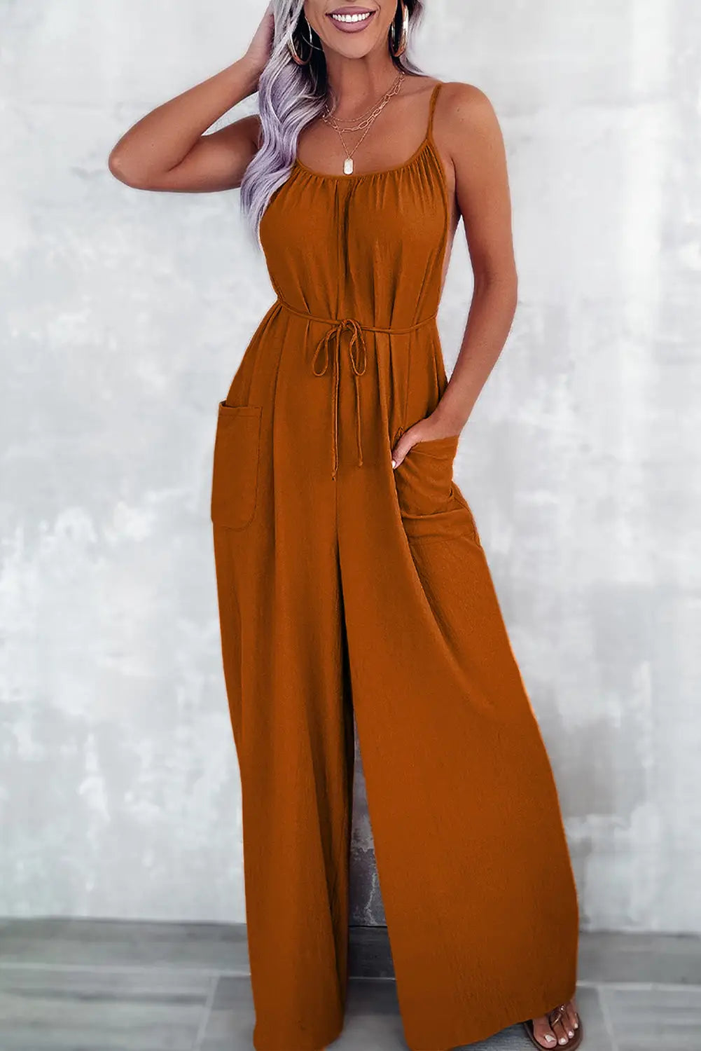 Chestnut spaghetti straps waist tie wide leg jumpsuit with pockets - l / 100% polyester - jumpsuits & rompers