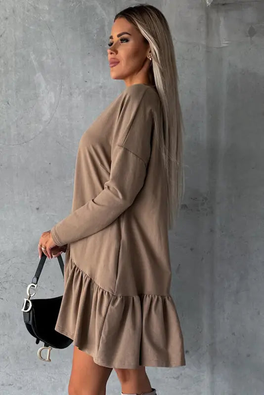 Chestnut split neck long sleeve ruffled loose dress - mini dresses