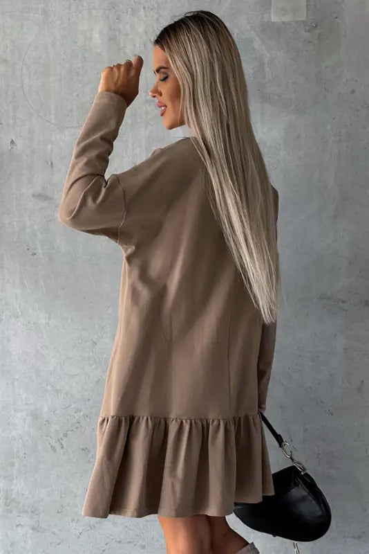 Chestnut split neck long sleeve ruffled loose dress - mini dresses