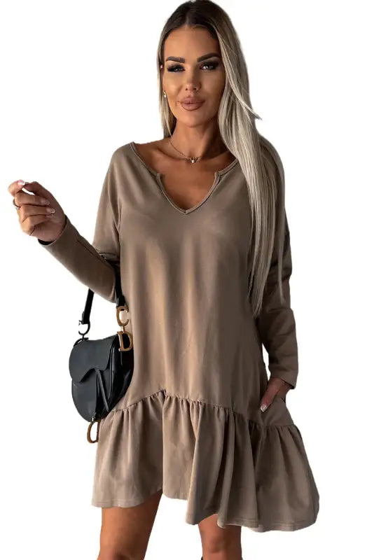 Chestnut split neck long sleeve ruffled loose dress - mini dresses