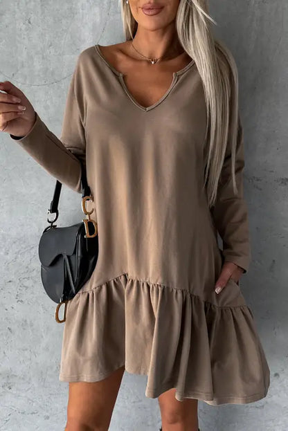 Chestnut split neck long sleeve ruffled loose dress - l / 95% cotton + 5% elastane - mini dresses