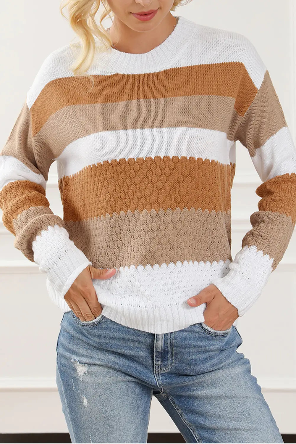 Chestnut striped cable knit drop shoulder sweater - l / 100% acrylic - sweaters & cardigans