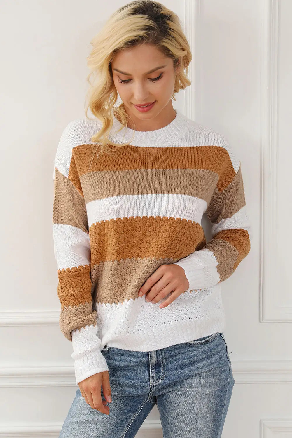 Chestnut striped cable knit drop shoulder sweater - sweaters & cardigans