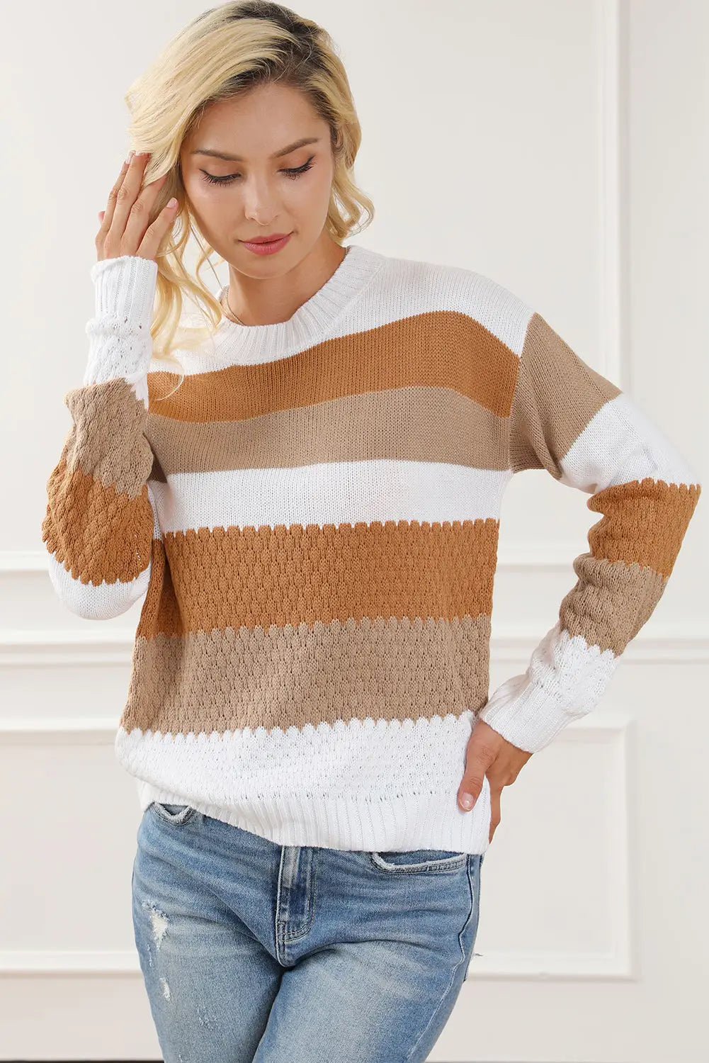 Chestnut striped cable knit drop shoulder sweater - sweaters & cardigans