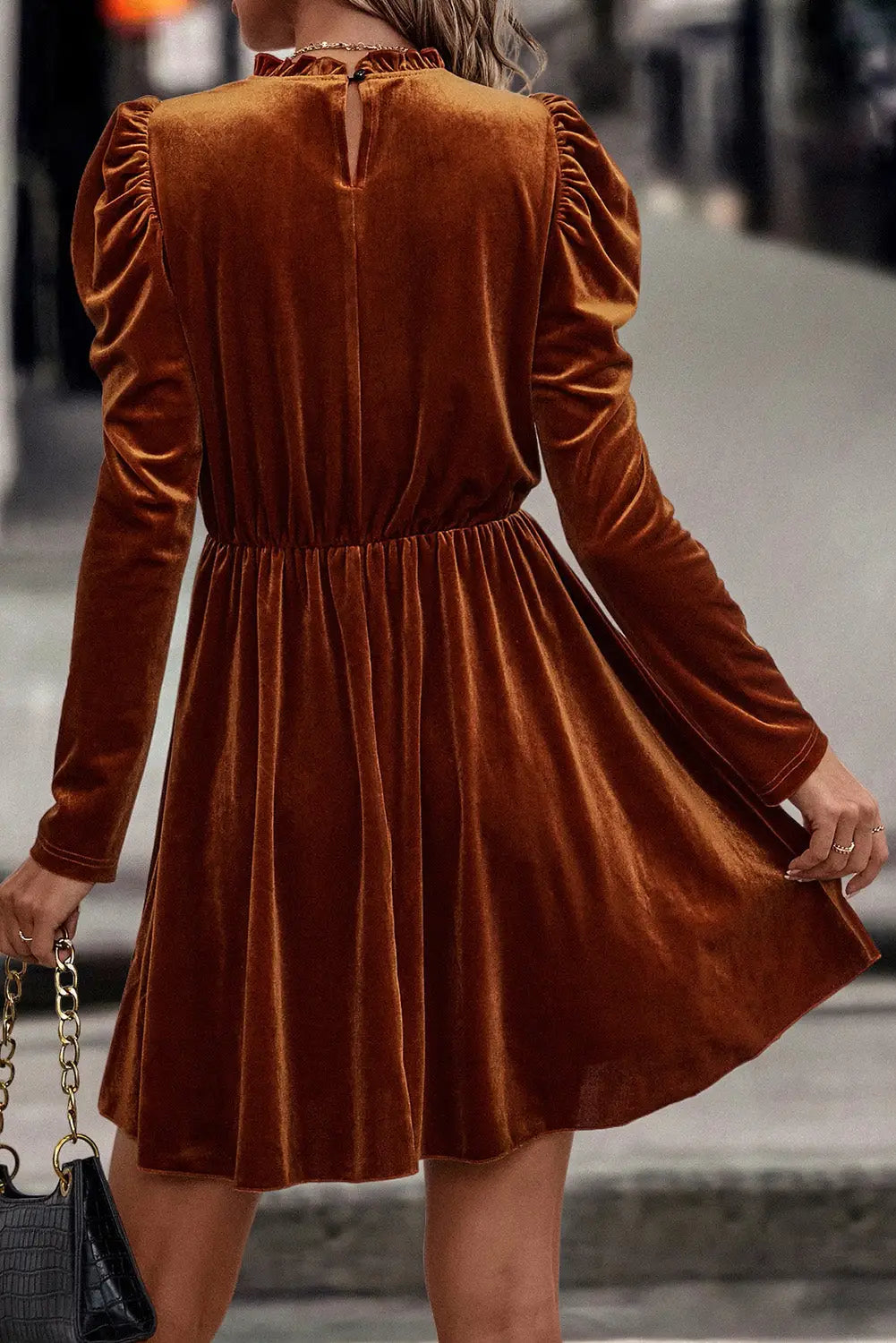 Chestnut velvet frilled neck gigot sleeve swing dress - mini dresses