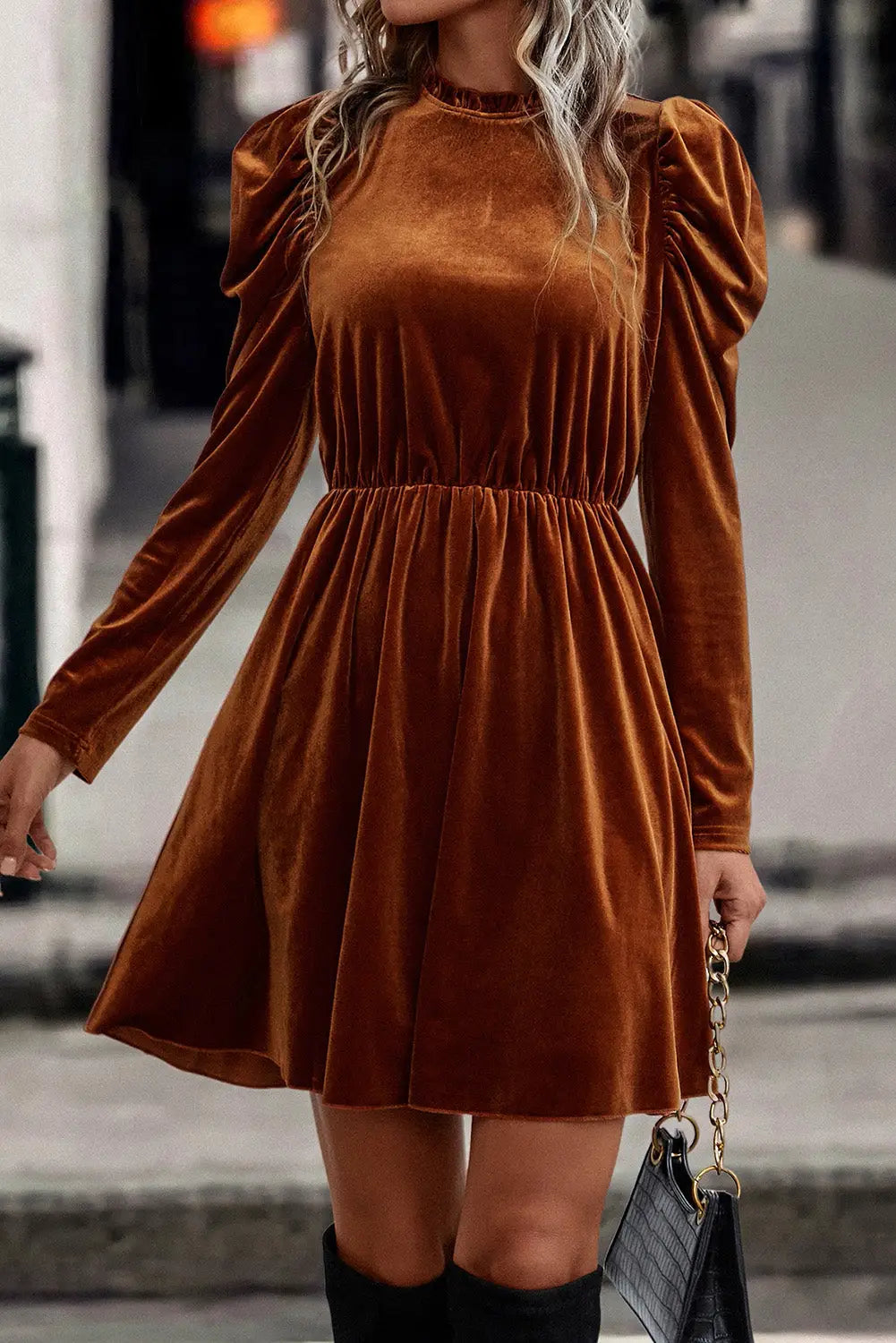 Chestnut velvet frilled neck gigot sleeve swing dress - mini dresses