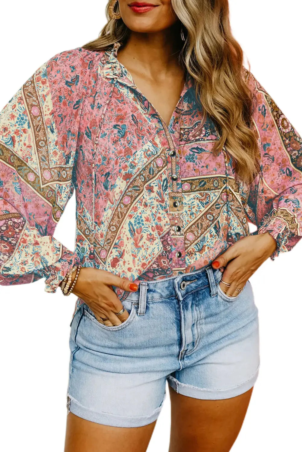 Chestnut vintage floral print puff sleeve buttoned shirt - blouses & shirts