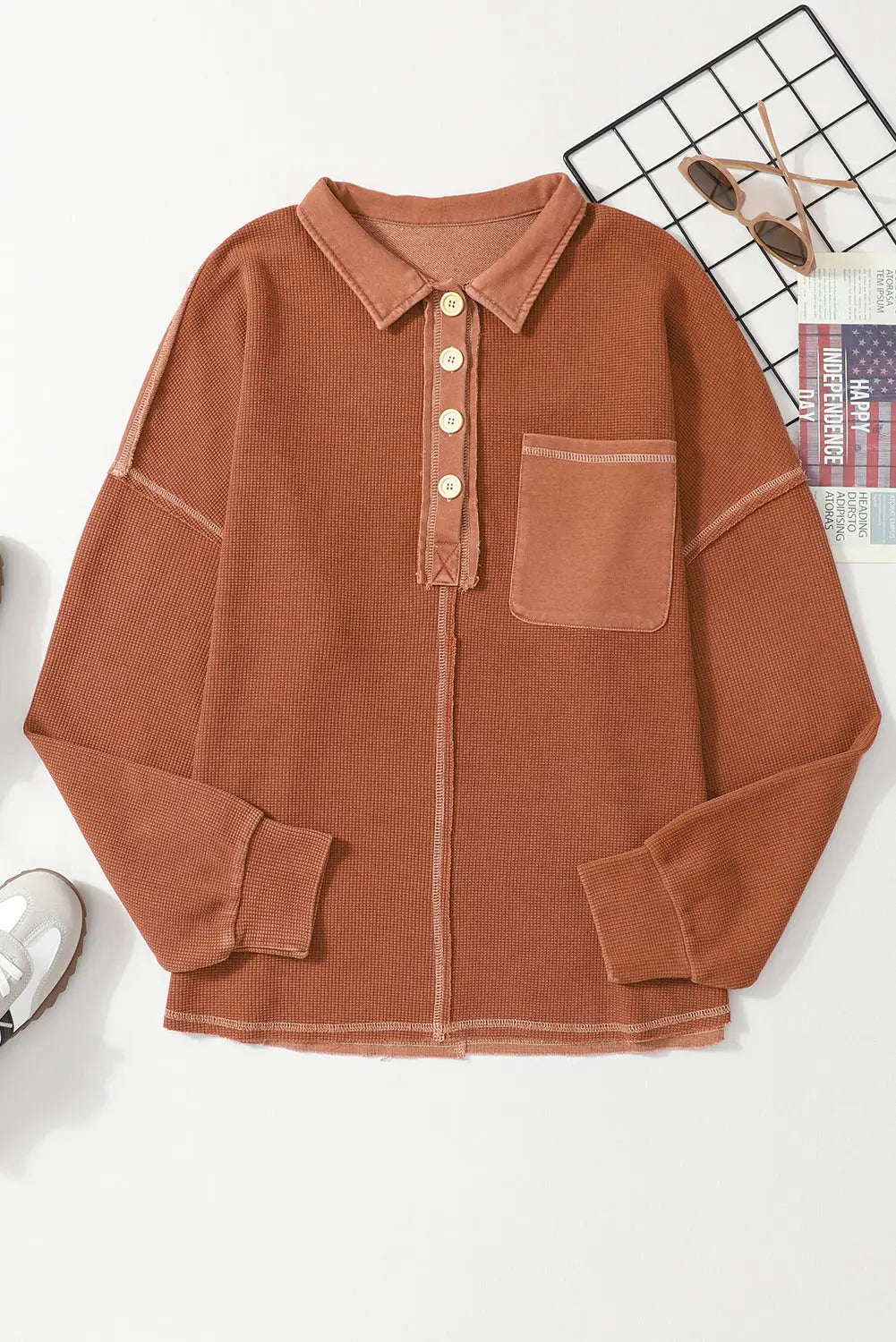 Chestnut waffle exposed seam pocket henley sweatshirt - sweatshirts & hoodies