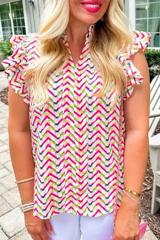 Chevron Print Ruffled Sleeve Blouse - Fashionfitz