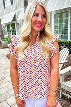 Chevron Print Ruffled Sleeve Blouse - Fashionfitz