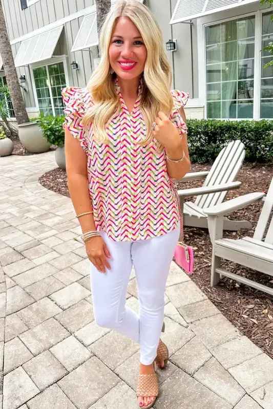 Chevron Print Ruffled Sleeve Blouse - Fashionfitz