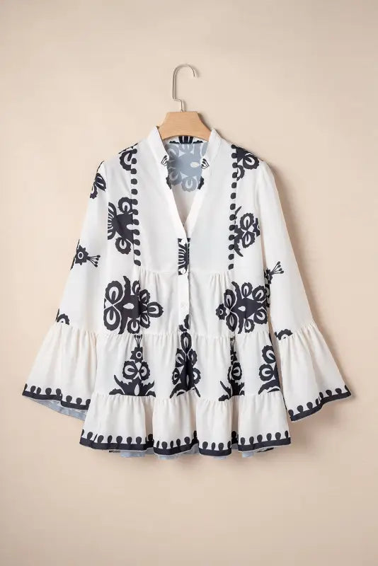 Chic abstract bell-sleeve babydoll blouse