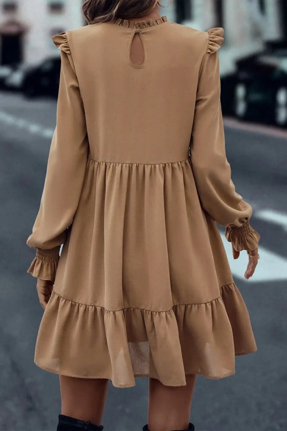 Chic beige frill collar tiered dress