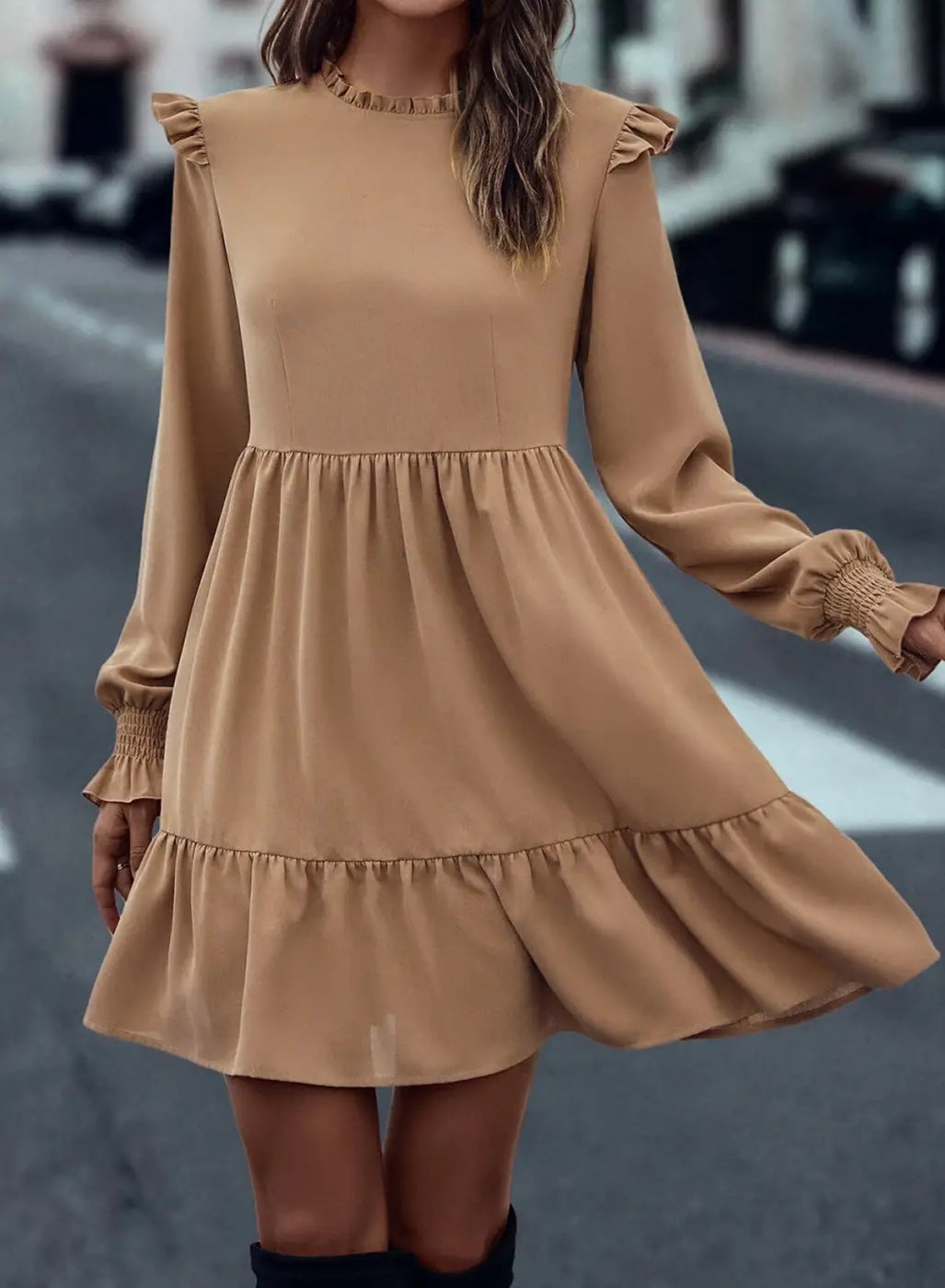 Chic beige frill collar tiered dress