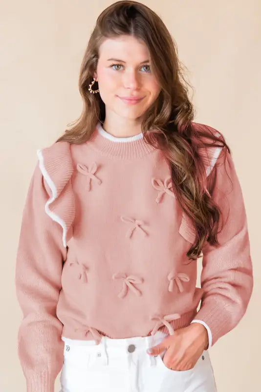 Chic blush ruffle bow sweater