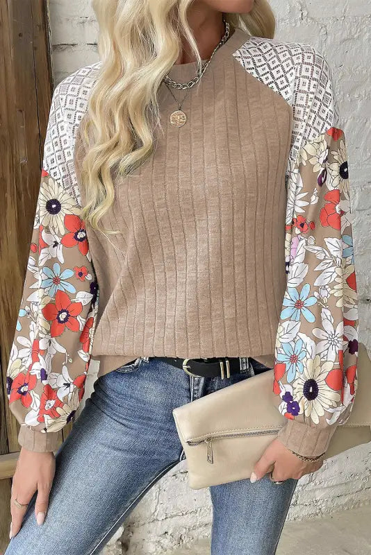 Chic floral sleeve ribbed blouse | fashionfitz