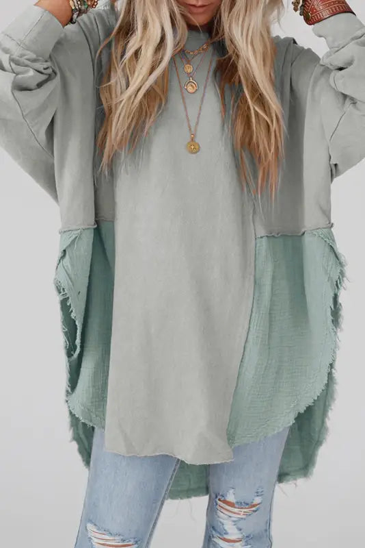 Chic high-low oversized blouse - raw hem detail - medium grey / s / 80% polyester + 20% cotton - blouses