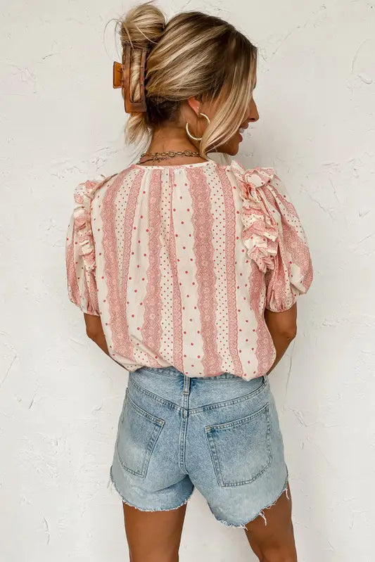 Red frilled short puff sleeve mixed print blouse - tops