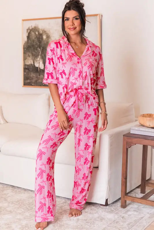 Chic pink bow-knot pajama set | comfy lapel collar sleepwear