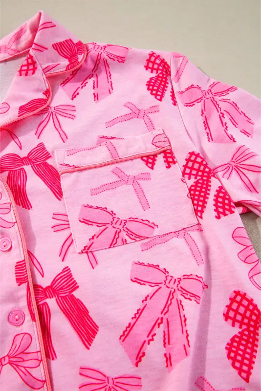 Chic pink bow-knot pajama set | comfy lapel collar sleepwear