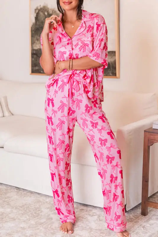 Chic pink bow-knot pajama set | comfy lapel collar sleepwear