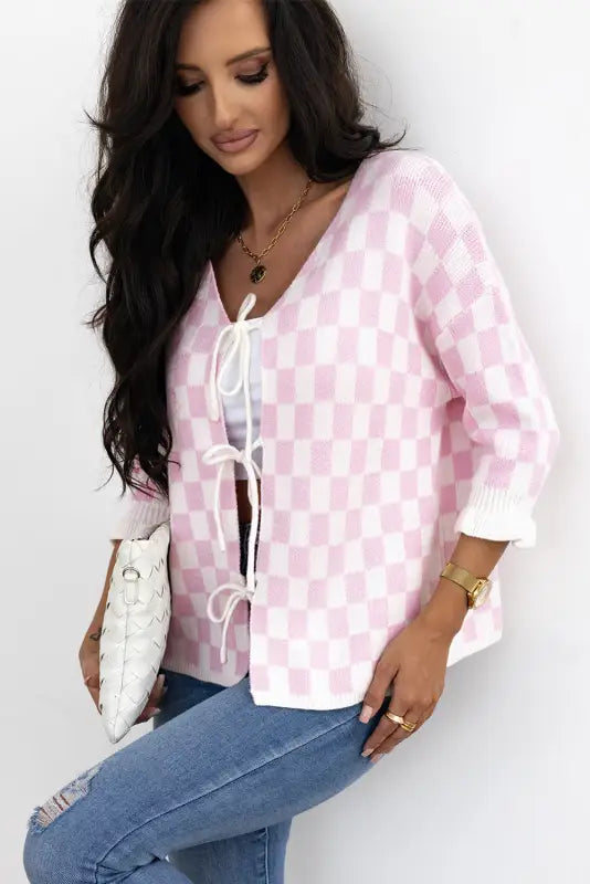 Chic pink checkered lace-up cardigan