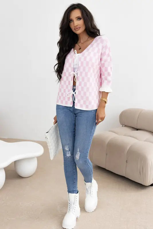 Chic pink checkered lace-up cardigan