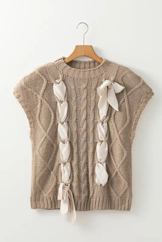 Chic taupe cable knit sweater | satin bow short sleeve elegance