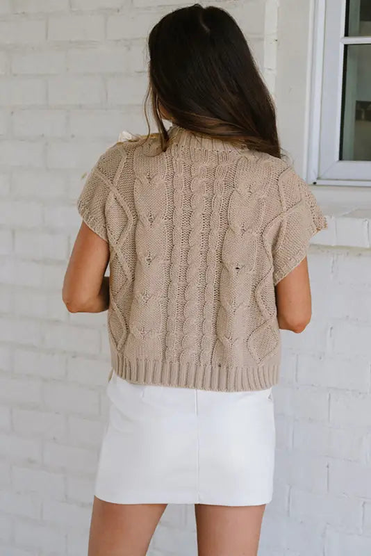 Chic taupe cable knit sweater | satin bow short sleeve elegance