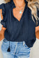 Navy blue v neck flutter sleeve textured blouse - tops